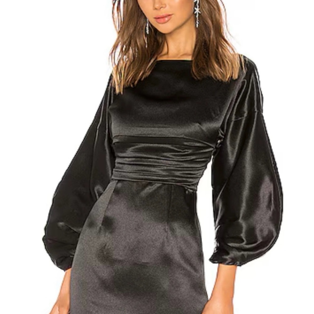 Revolve h:ours Black Satin Sheath Dress XS Balloon Sleeve Cocktail Party Mini